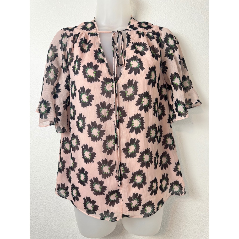 Ted Baker London Harlynn Floral Tie Neck Blouse Pink Black Daisy Print Size 1